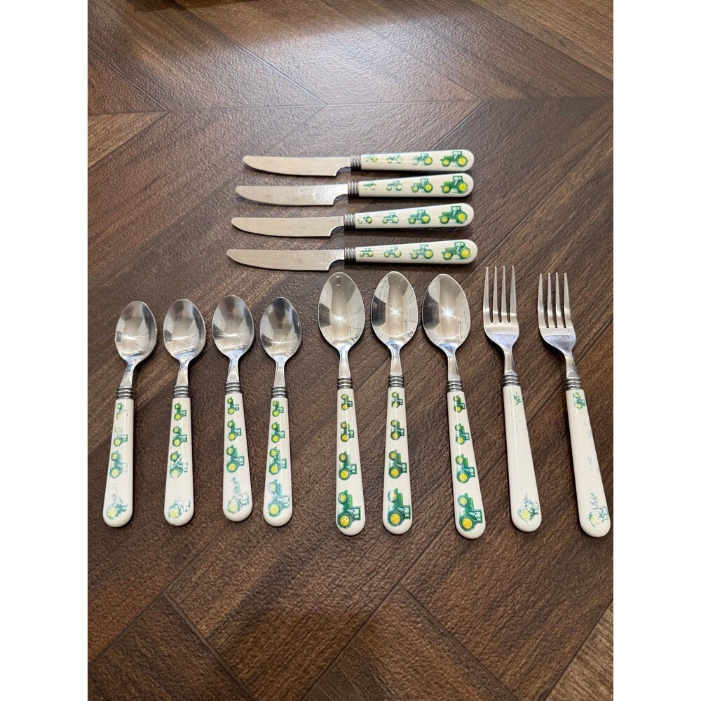 Vintage Gibson John Deere Kids Flatware 13 Pc Set Tractor Stainless Spoons Forks